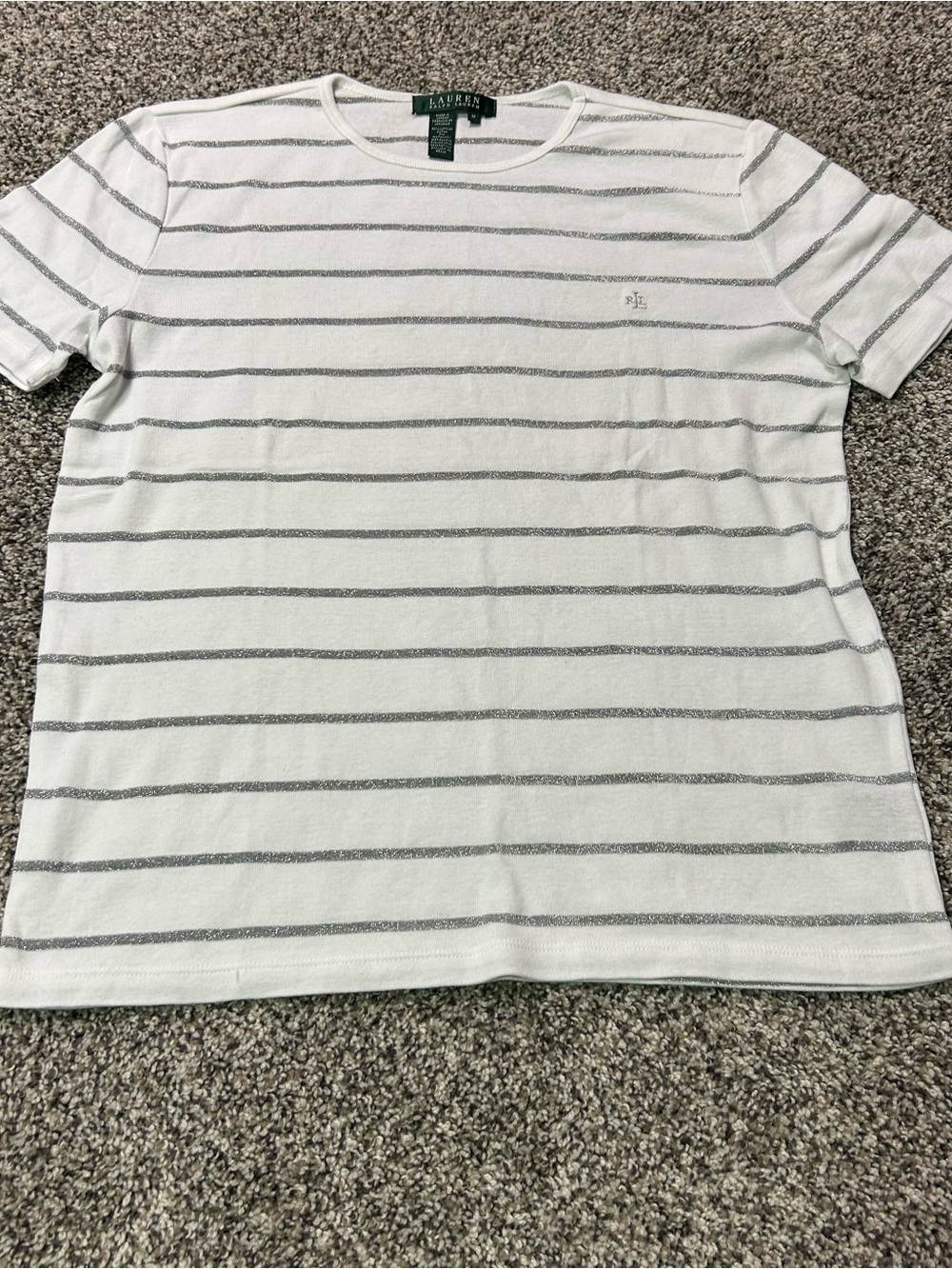 Lauren Ralph Lauren Med White and Silver Sparkle Stripe Short Sleeve Blouse